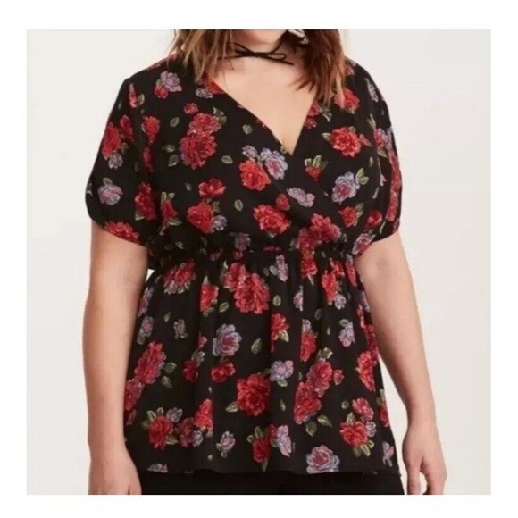 Torrid Rose Print Surplice Cinched Waist Top Blouse Red Black Size 2/US 2X NWT's - Picture 1 of 8